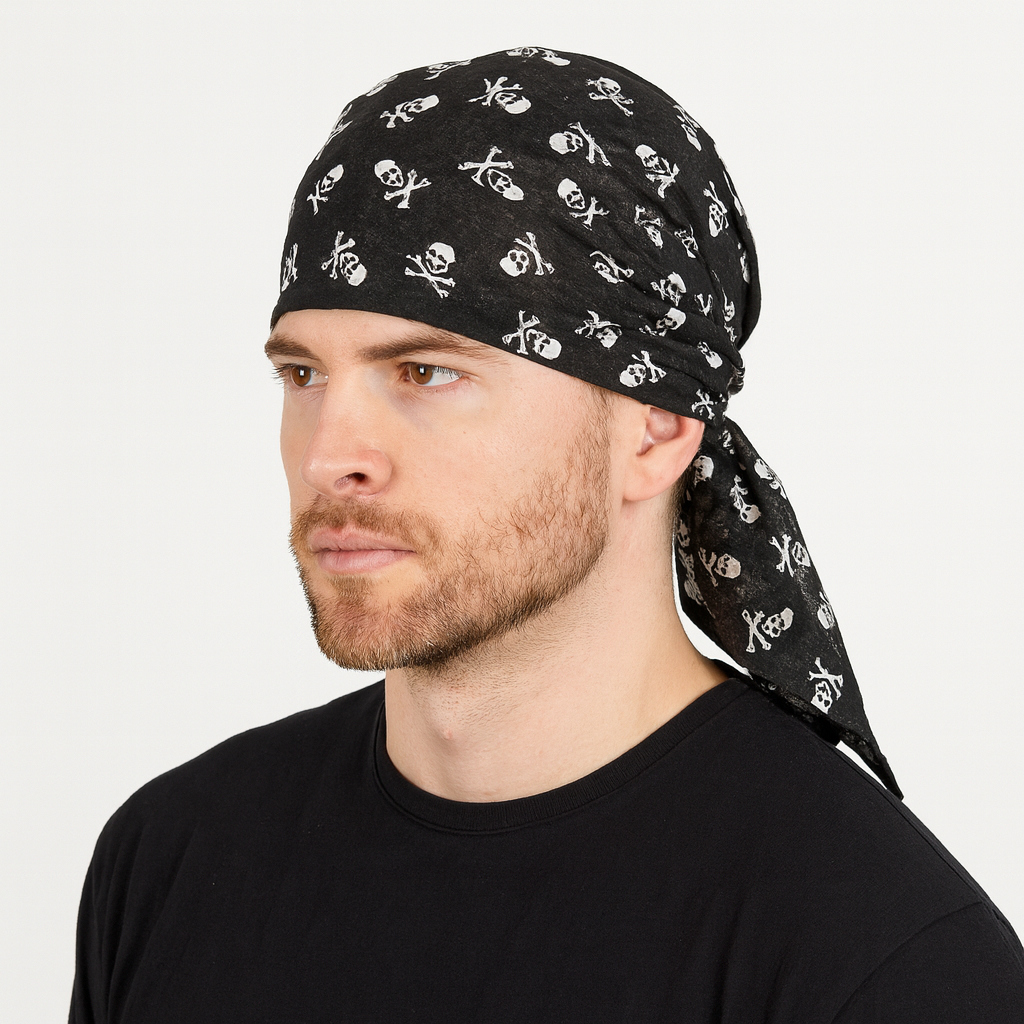 V563-BANDANA-BLKWHTSKULL-202509011241-00 BANDANA Paisley 100% COTTON Head Wrap Durag Bandanna Summer Biker Scarf Mask - Black with White Skulls - Image 1