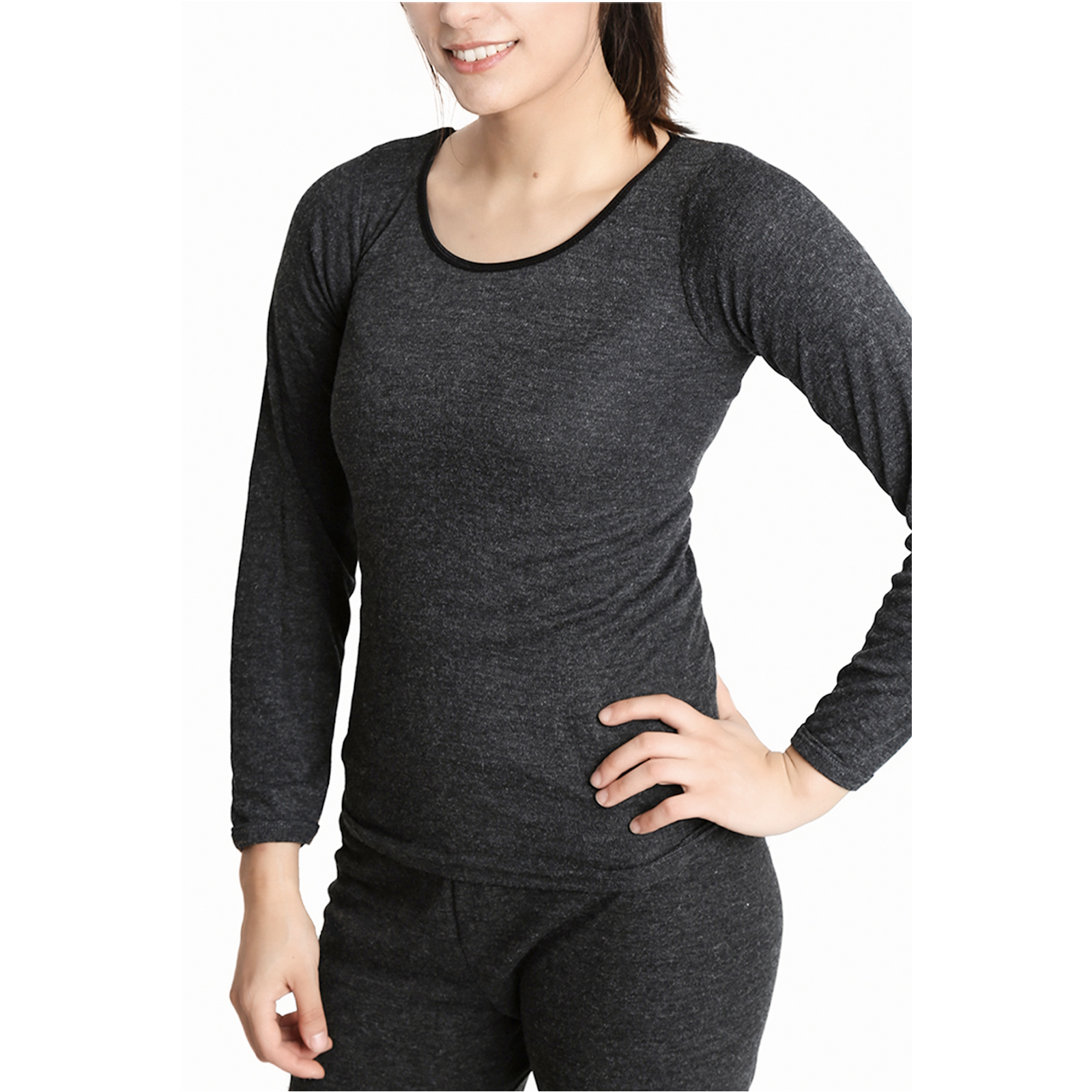 V563-BB-SI048-BK-12_14-202502270910-00 Ladies Merino Wool Blend Long Sleeve Thermal Spencer Top Underwear Thermals - Black - 12-14 - Image 1