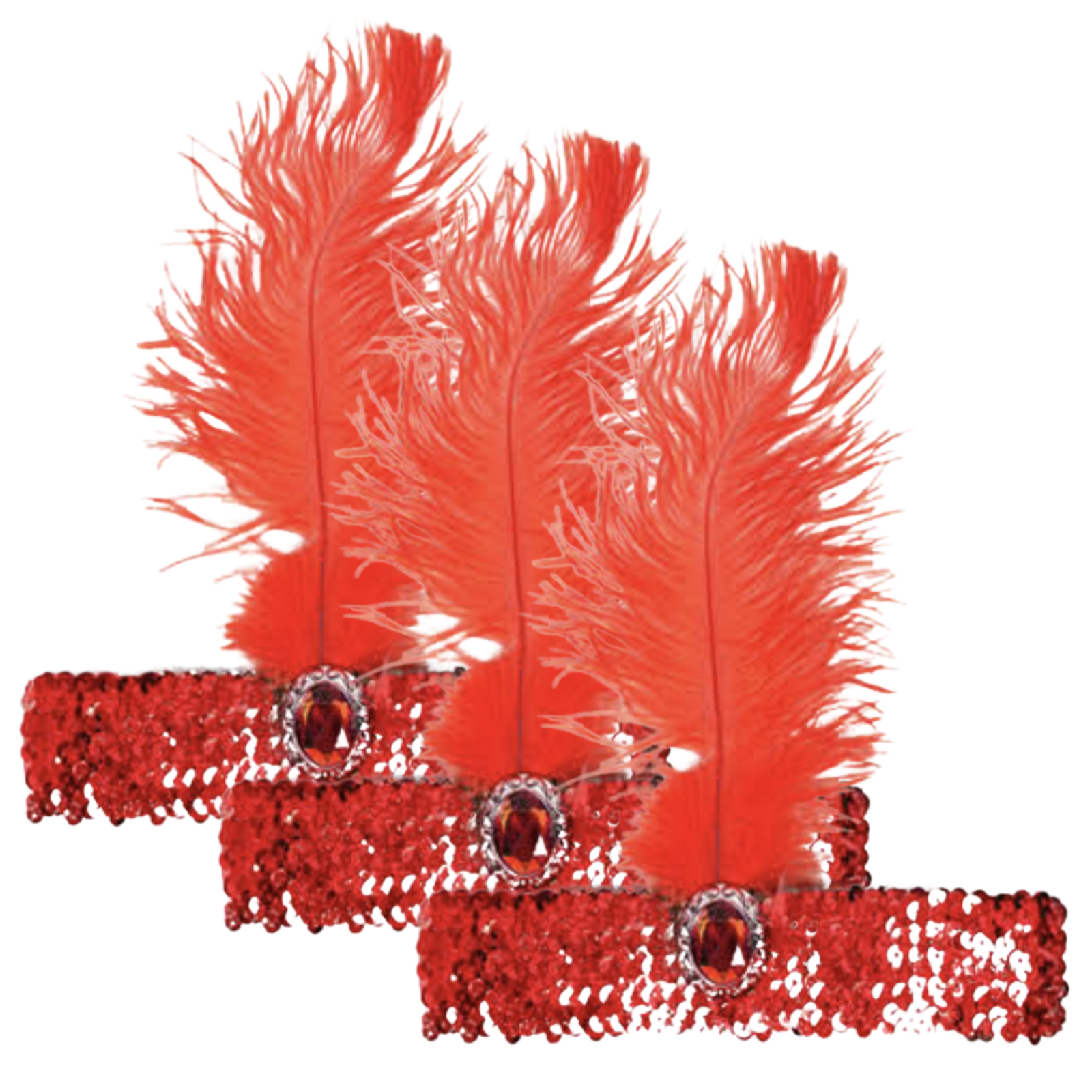V563-BR-3FLAPPERHDBND-RED-184154-00 3x 1920s FLAPPER HEADBAND Headpiece Feather Sequin Charleston Costume Gatsby - Red - Image 1