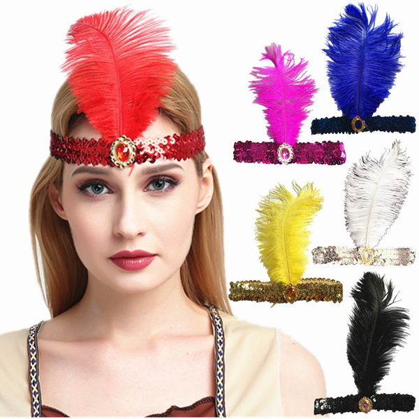 V563-BR-6FLAPPERHDBND-ASSCLRPK-197203-00 6x 1920s FLAPPER HEADBAND Headpiece Feather Sequin Charleston Costume Party BULK - Assorted Colours Pack - Image 1