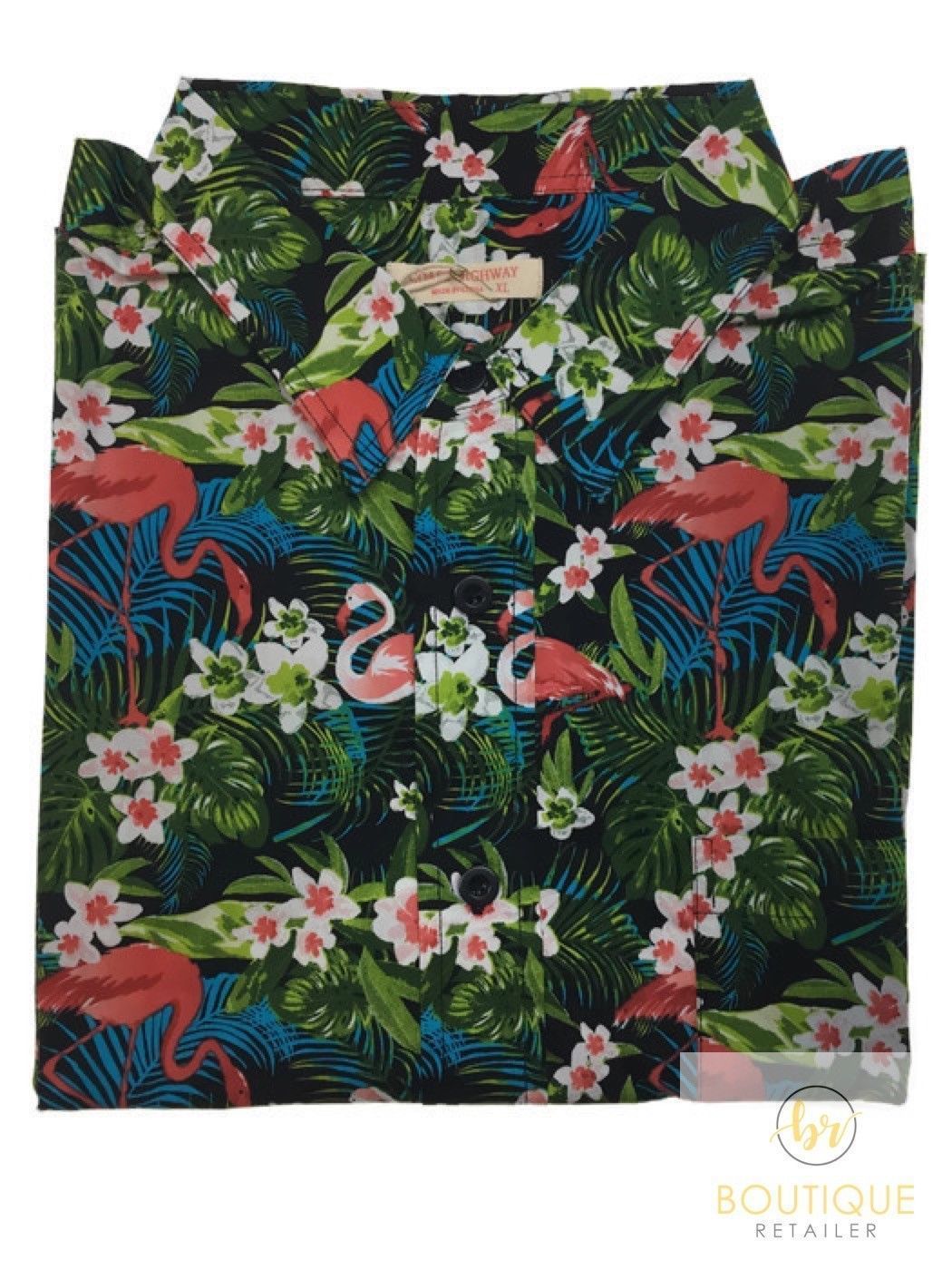 V563-BR-HWNSHT-GRDNFLAM1423-M-202503051715-00 Mens Oahu Hawaiian Party Shirt Button Hippie Tops Short Sleeve Beach Holiday - Garden Flamingo (1423) - M - Image 1