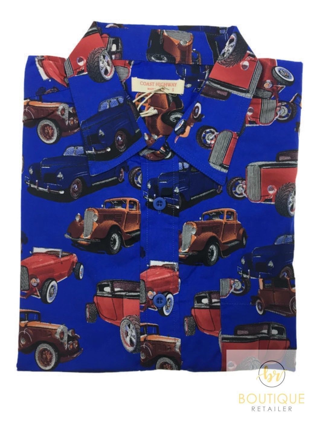 V563-BR-HWNSHT-VNTGC1425-S-202503051716-00 Mens Oahu Hawaiian Party Shirt Button Hippie Tops Short Sleeve Beach Holiday - Vintage Car (1425) - S - Image 1