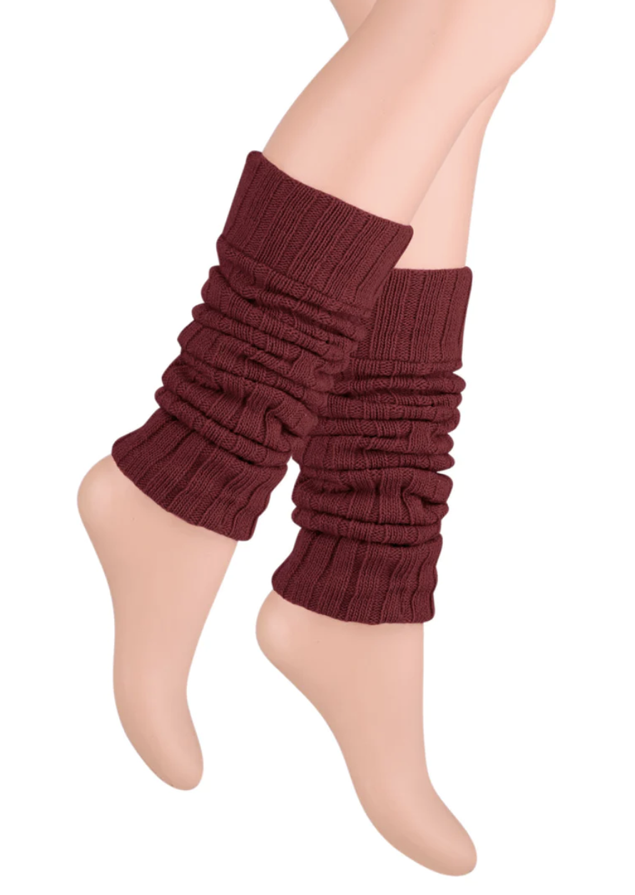 V563-BR-LEGW-BURG-202503052205-00 Pair of Womens Leg Warmers Disco Winter Knit Dance Party Crochet Legging Socks Costume - Burgundy - Image 1