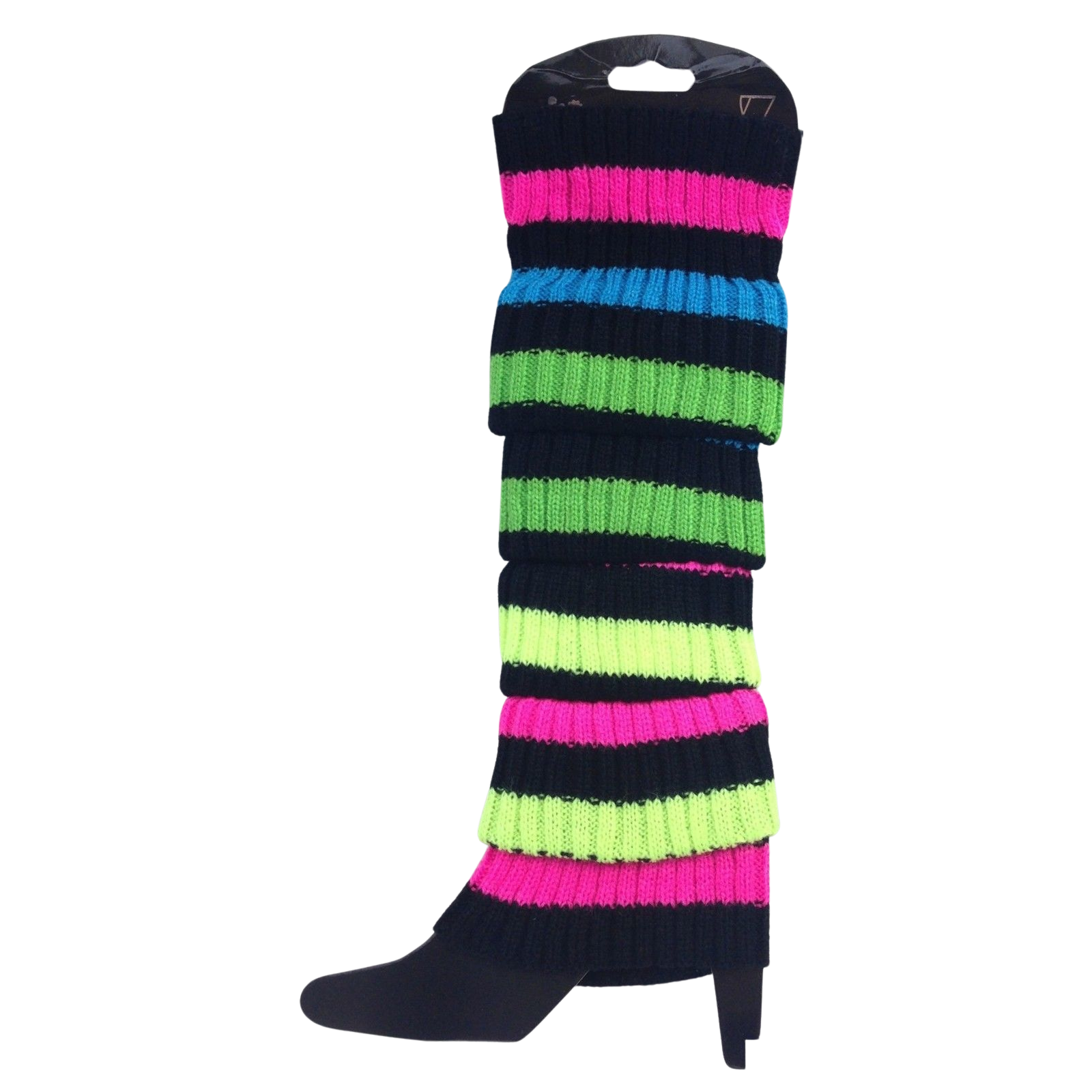 V563-BR-LEGW-RNBWBLKSTR-202503051420-00 Pair of Womens Leg Warmers Disco Winter Knit Dance Party Crochet Legging Socks Costume - Rainbow with Black Stripe - Image 1