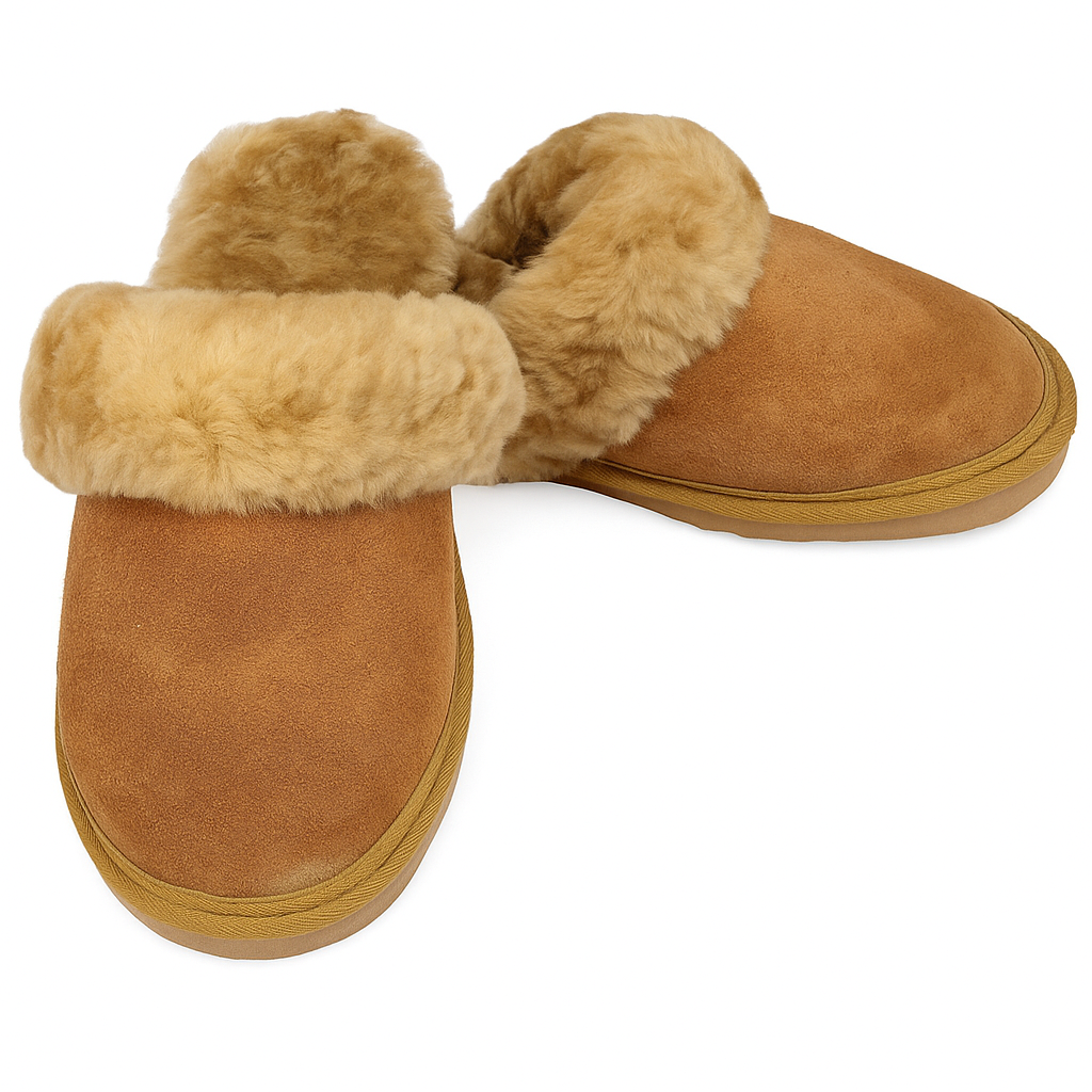 V563-BR-SHEEPSCUFFS-CNTFR-7-202506231236-00 Sheepskin Wool Womens Slippers Scuffs Slip On Winter Ugg Slippers in Chestnut - 7 - Image 1