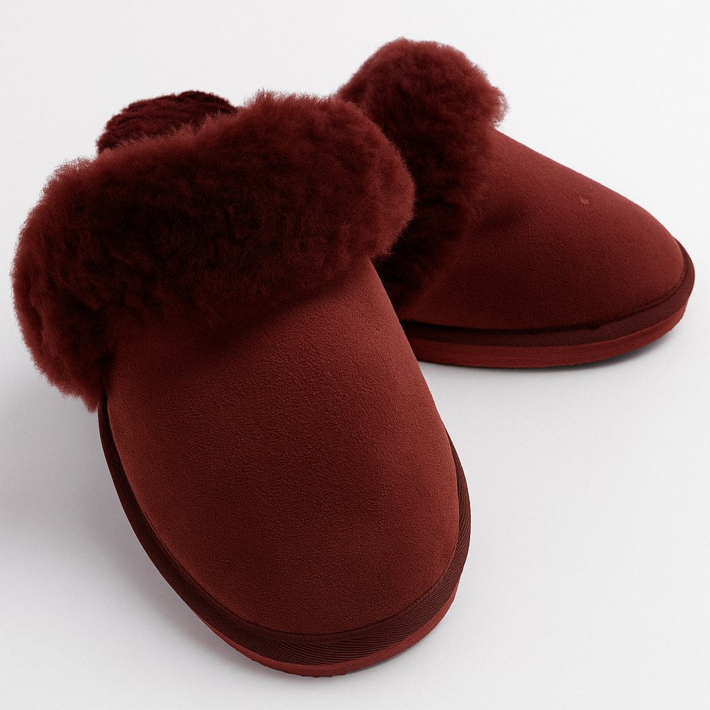 V563-BR-SHEEPSCUFFS-REDFR-8-202506231240-00 Sheepskin Wool Womens Slippers Scuffs Slip On Winter Ugg Slippers in Burgundy/Red - 8 - Image 1