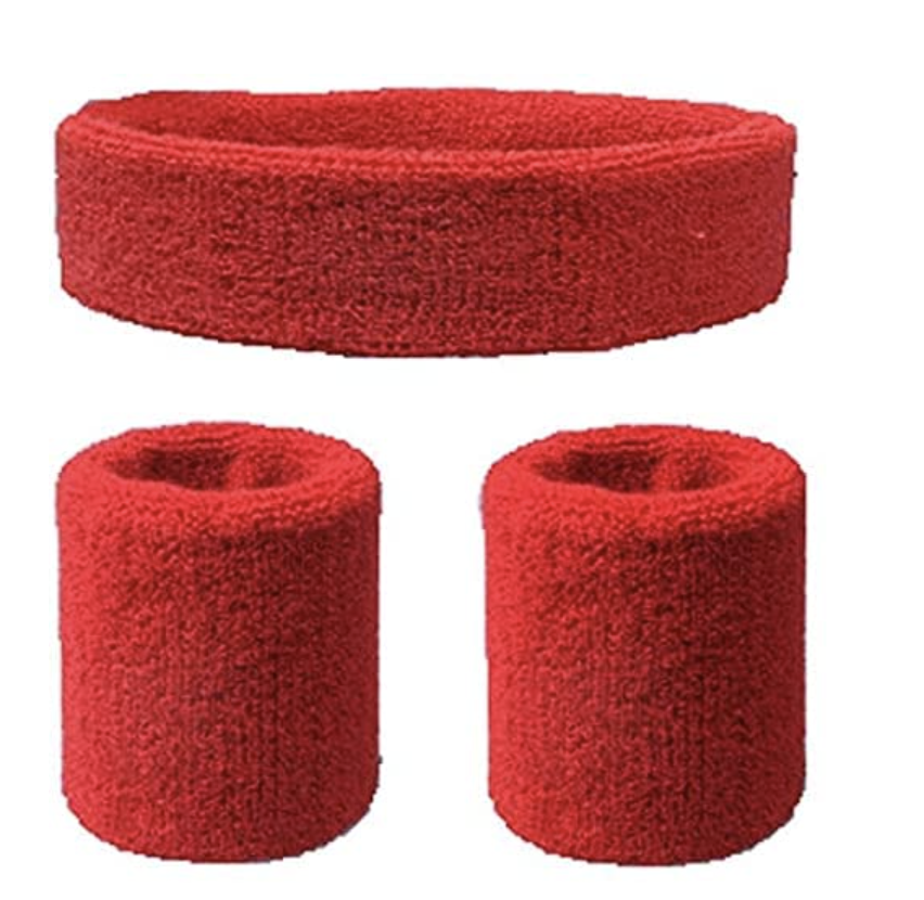 V563-BR-WRISTXHBSET-RED-184616-00 WRISTBAND & HEADBAND SET Tennis Terry Towelling Cotton Sweat Band Team Gym - Red - Image 1