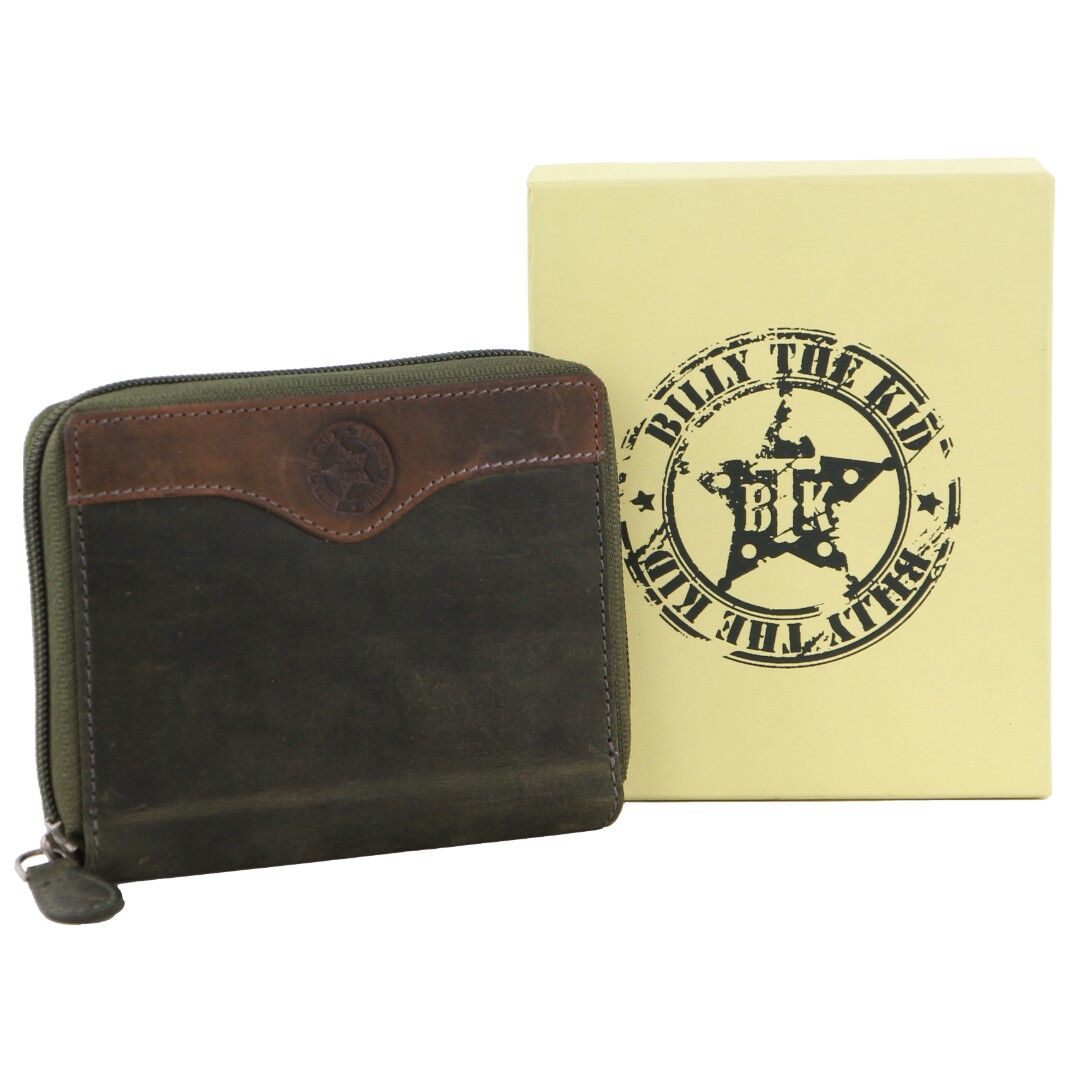 V563-BTK-25-202503061025-00 Billy The Kid Leather Wallet with Zip & Coin Pocket in Olive - Image 1