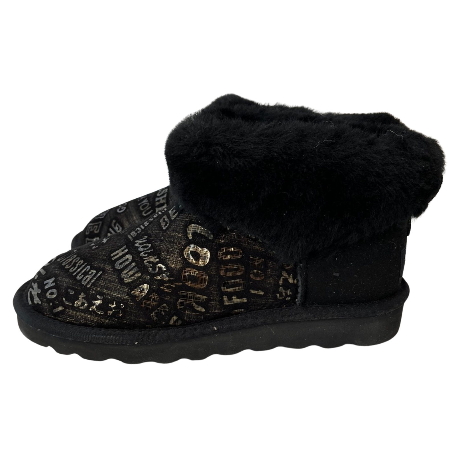 V563-D2390-BLACK-7-202506241253-00 Womens Australian Sheepskin Wool Fur Mini UGG Ankle Boots in Gold Black - 7 - Image 1