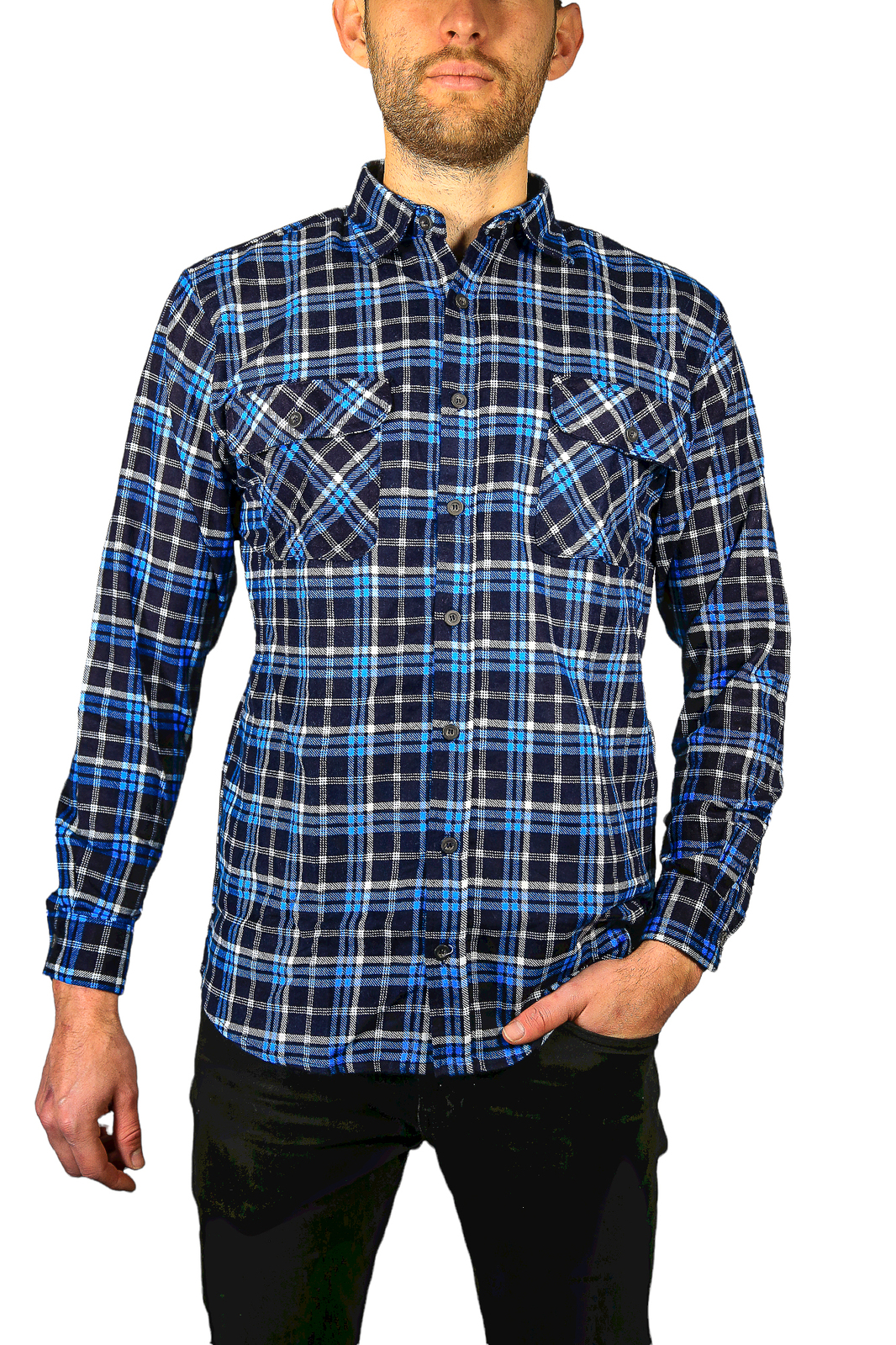 V563-FS-FP21-36-XL-202502241346-00 Mens Flannelette Long Sleeve Shirt 100% Cotton Check Authentic Flannel - Full Placket - Turquoise/Black - XL - Image 1