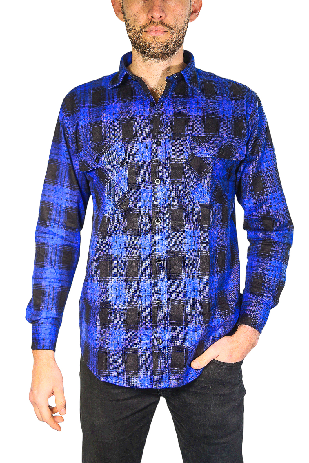 V563-FS-FP21-44-M-202502241340-00 Mens Flannelette Long Sleeve Shirt 100% Cotton Check Authentic Flannel - Full Placket - Royal Blue - M - Image 1