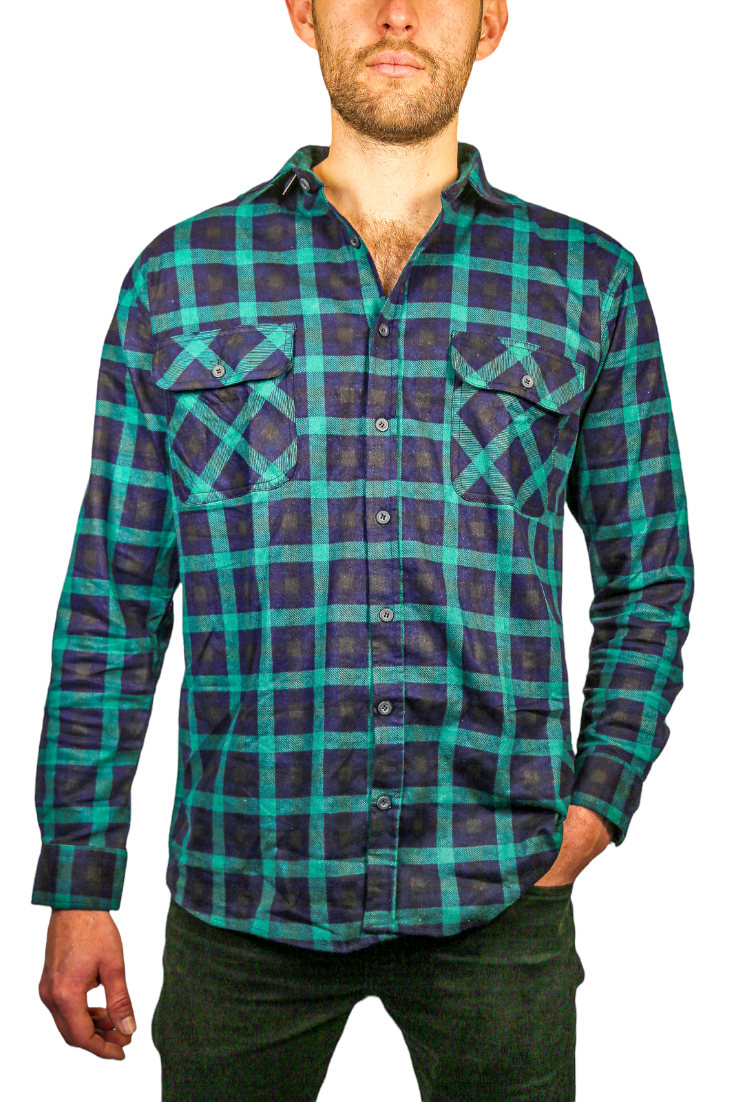 V563-FS-FP22-82-3XL-202503051935-00 Mens 100% Cotton Flannelette Shirt Long Sleeve Check Authentic Flannel - Green/Navy - 3XL - Image 1