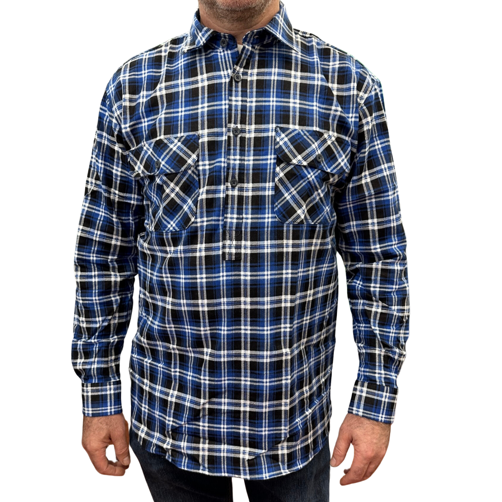 V563-FS-HP22-45-3XL-202503051526-00 Mens Flannelette Long Sleeve Pullover Shirt 100% Cotton Flannel - Half Placket - Blue/Black - 3XL - Image 1