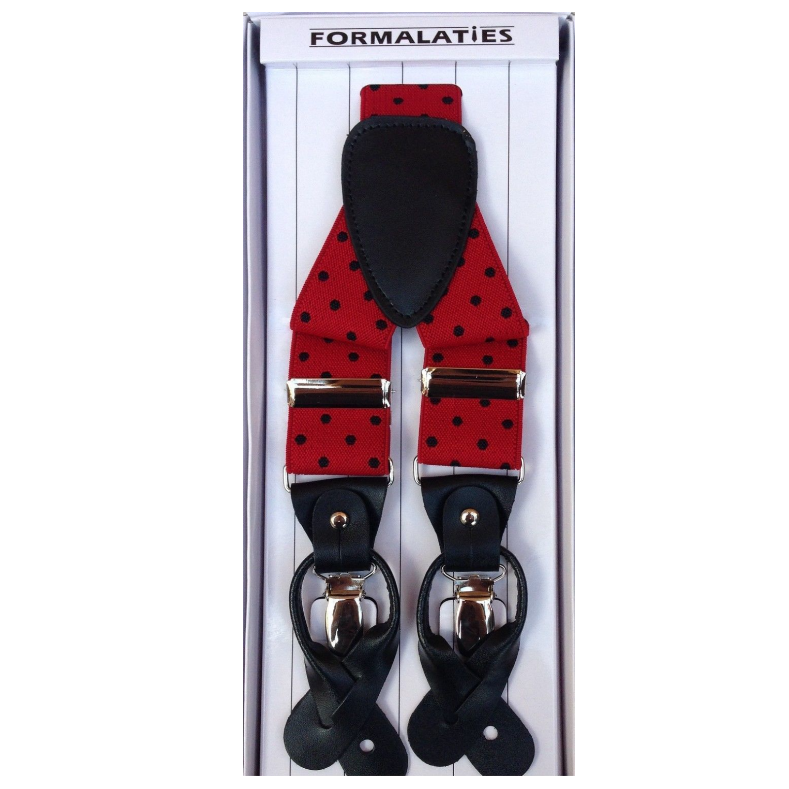 V563-LXRYSUSPENDERS-PLKREDBLK-202506020817-00 Mens Premium Convertible Suspenders Braces Clip On Elastic Y-Back Traditional Leather Tab - Polka Red/Black - Image 1