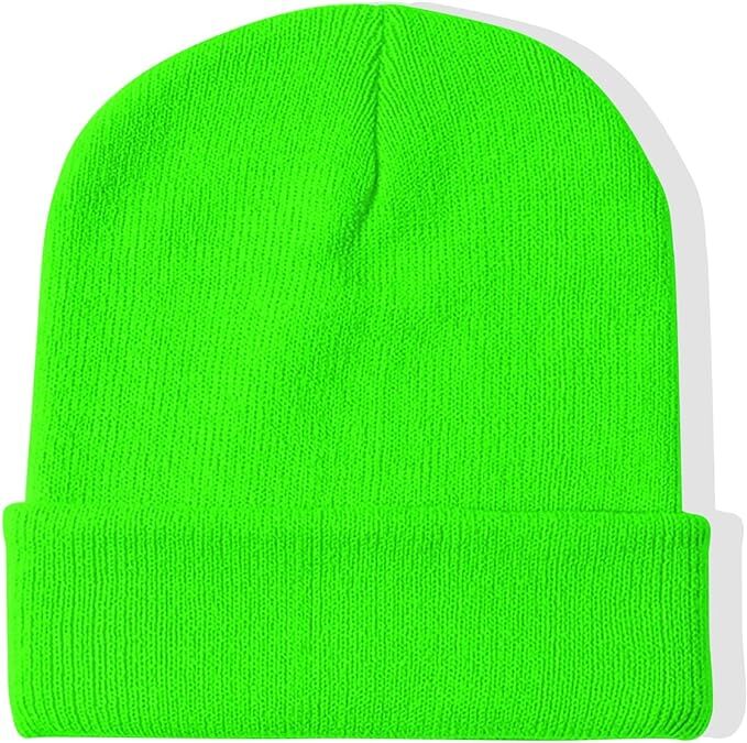 V563-PLAINBEANIE-FLUROGRN-185518-00 PLAIN BEANIE Unisex Mens Womens Winter Warm Hat Ski Cap Knit One Size - Fluro Green - Image 1
