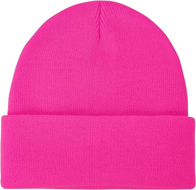 V563-PLAINBEANIE-FLUROPNK-185546-00 PLAIN BEANIE Unisex Mens Womens Winter Warm Hat Ski Cap Knit One Size - Fluro Pink - Image 1