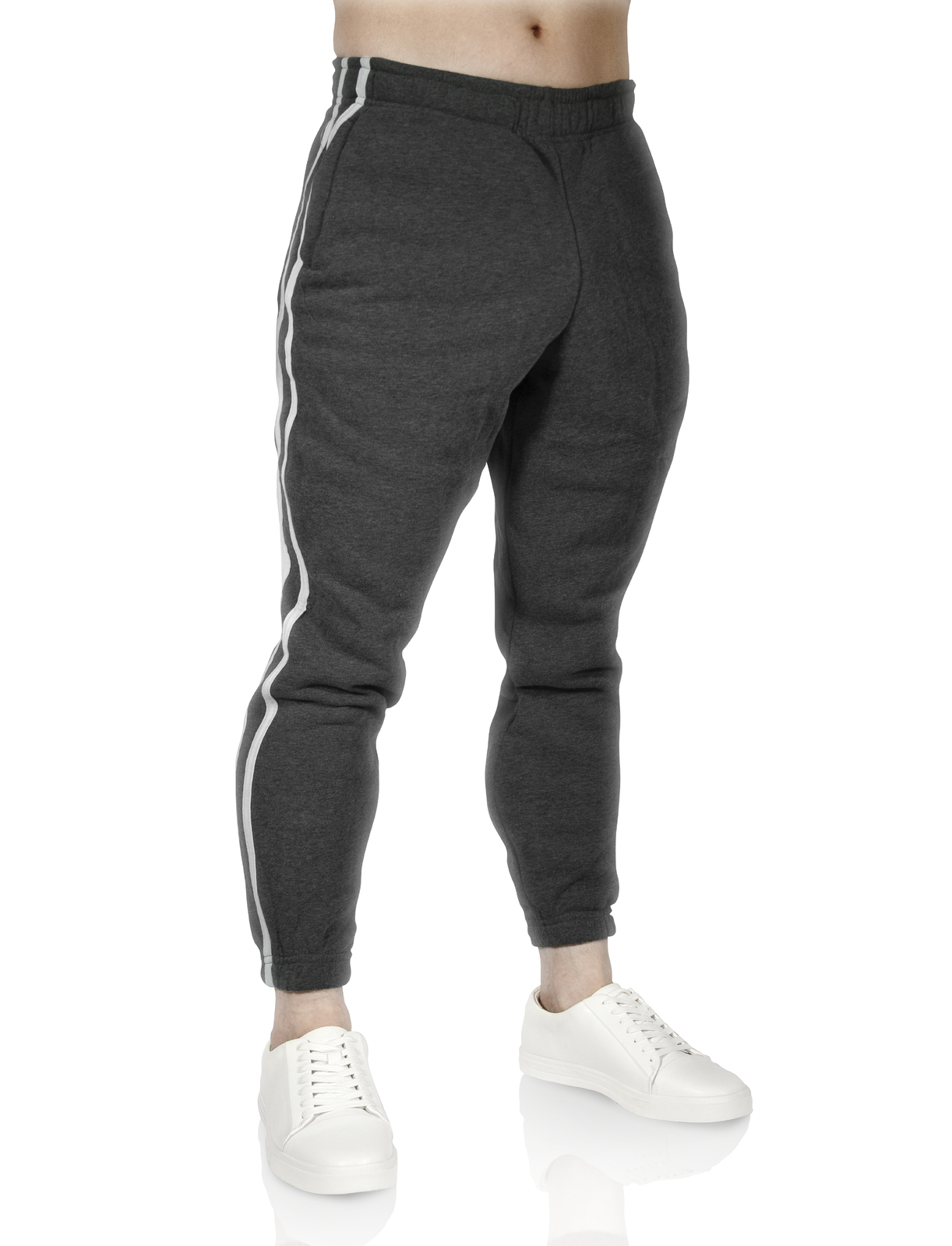 V563-PROWEST-CHARMARLE-S-140615-00 Mens Fleece Skinny Track Pants Jogger Gym Casual Sweat Trackies Warm Trousers - Charcoal Marle/White Stripe - S - Image 1