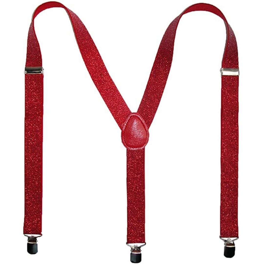 V563-SLIMSUSPENDERS-REDGLIT-184851-00 Mens Suspenders Braces Adjustable Strong Clip On Elastic Formal Wedding Slim - Red (Glitter) - Image 1