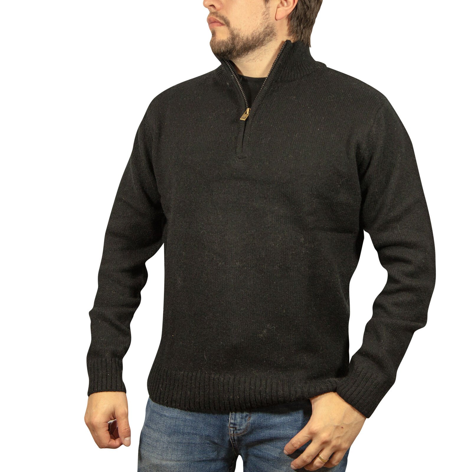 V563-SW-HZ-FBK99B-S-202507251105-00 100% SHETLAND RAGG WOOL Half Zip Up Knit JUMPER Pullover Mens Sweater Knitted - Plain Black - S - Image 1