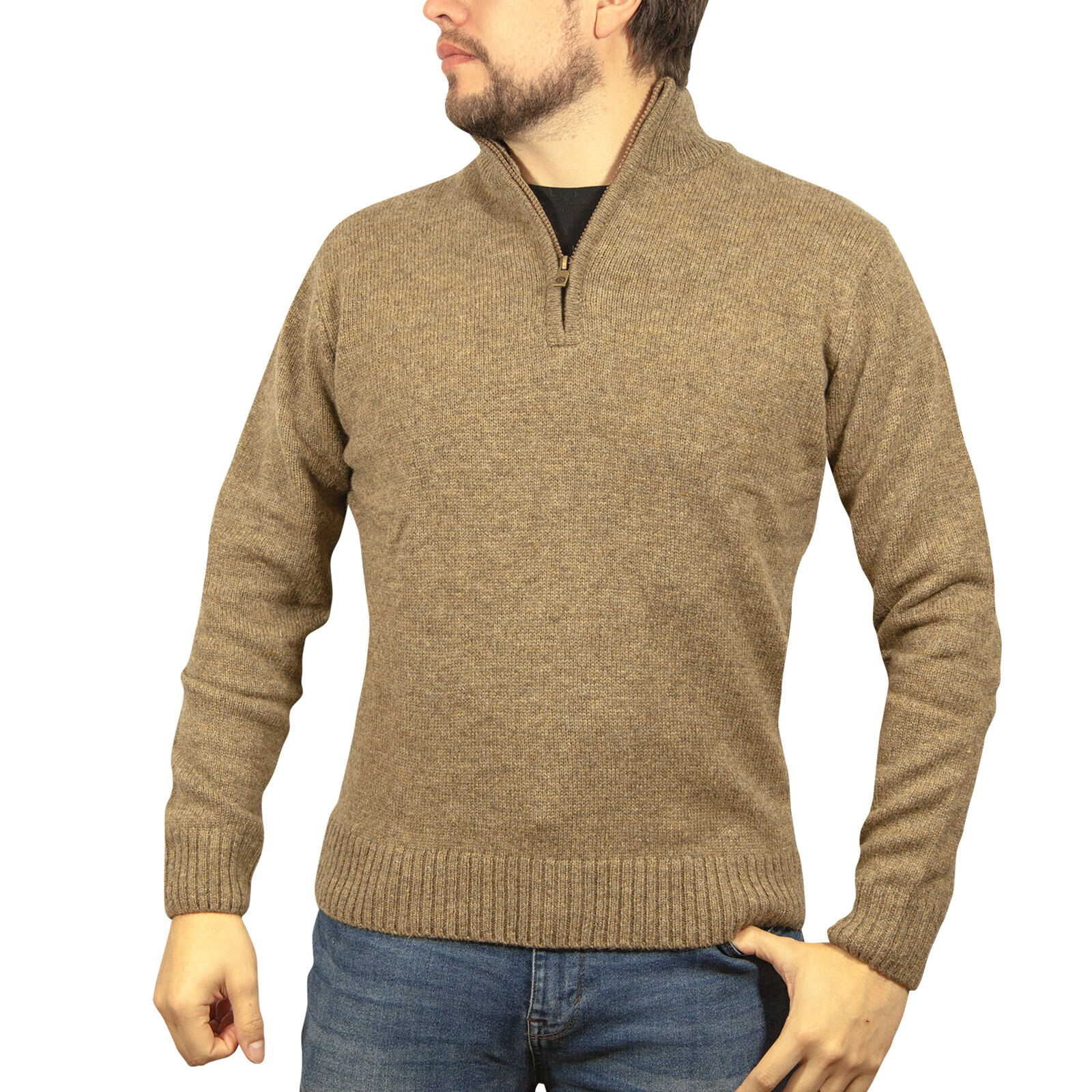 V563-SW-HZ-NUTMEG23-5XL-202507251100-00 100% SHETLAND RAGG WOOL Half Zip Up Knit JUMPER Pullover Mens Sweater Knitted - Nutmeg - 5XL - Image 1