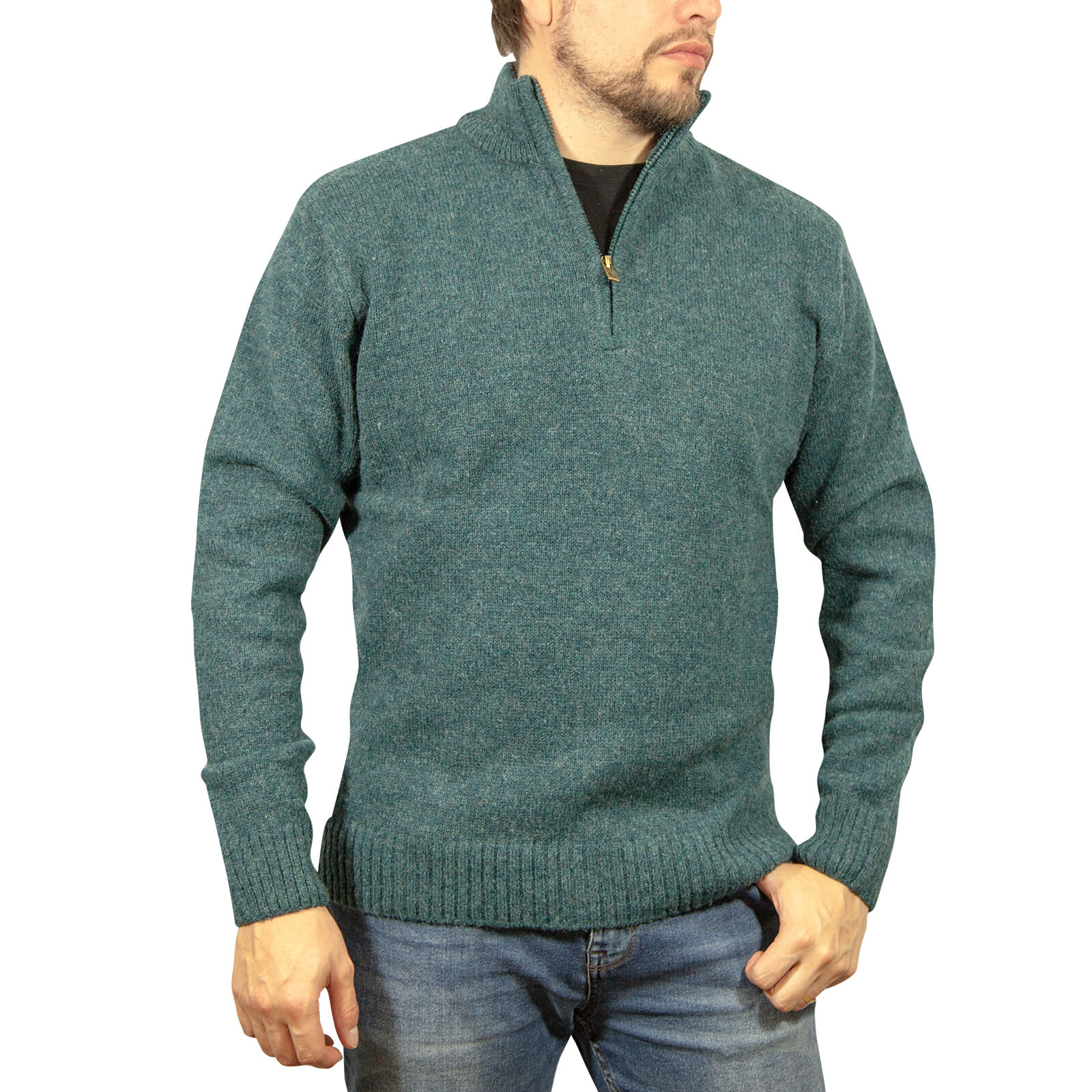 V563-SW-HZ-SHWD32-3XL-202507251100-00 100% SHETLAND RAGG WOOL Half Zip Up Knit JUMPER Pullover Mens Sweater Knitted - Sherwood - 3XL - Image 1
