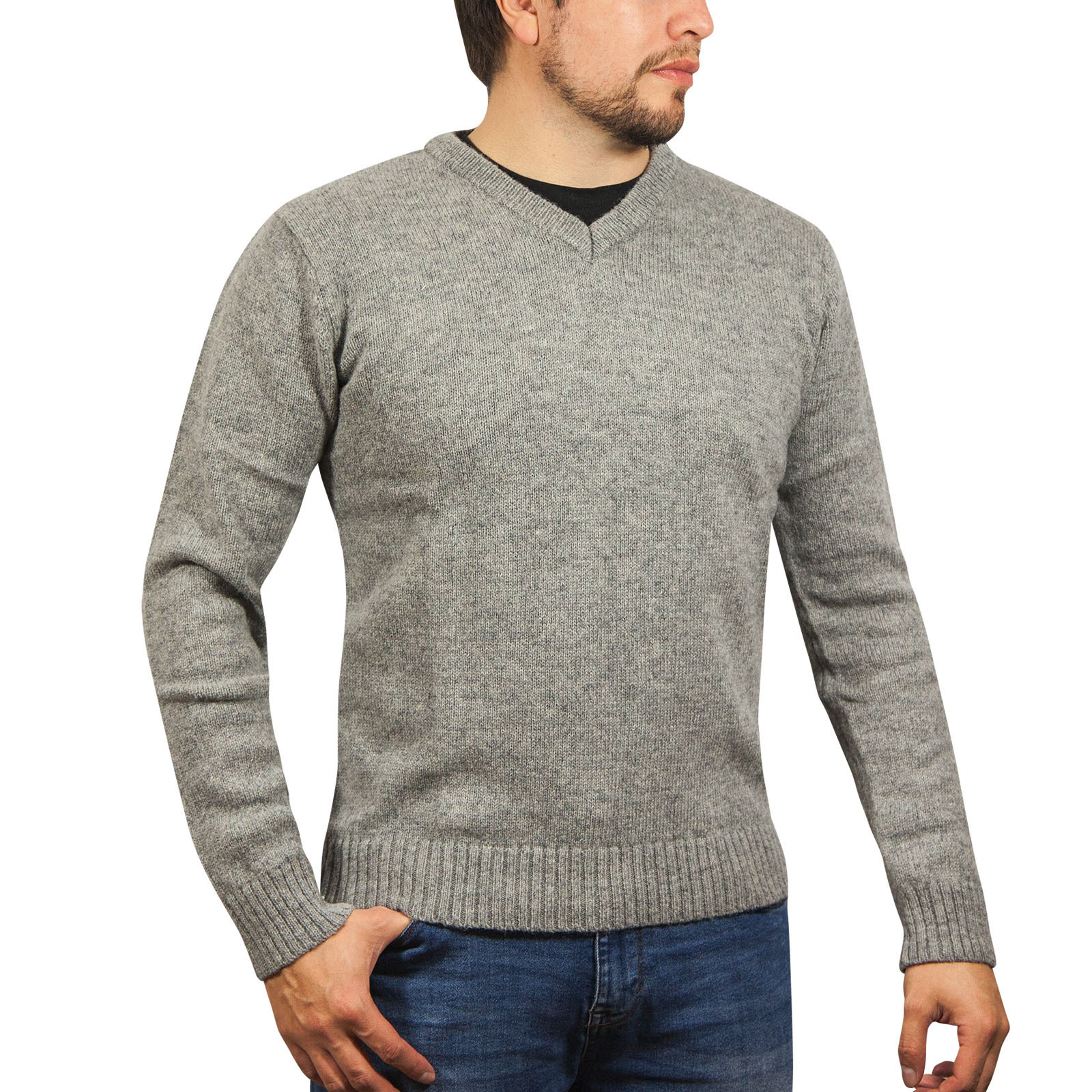 V563-SW-VN-GRY21-S-202507251230-00 100% Shetland Ragg Wool V Neck Knit Jumper Pullover Mens Sweater Knitted - Grey - S - Image 1