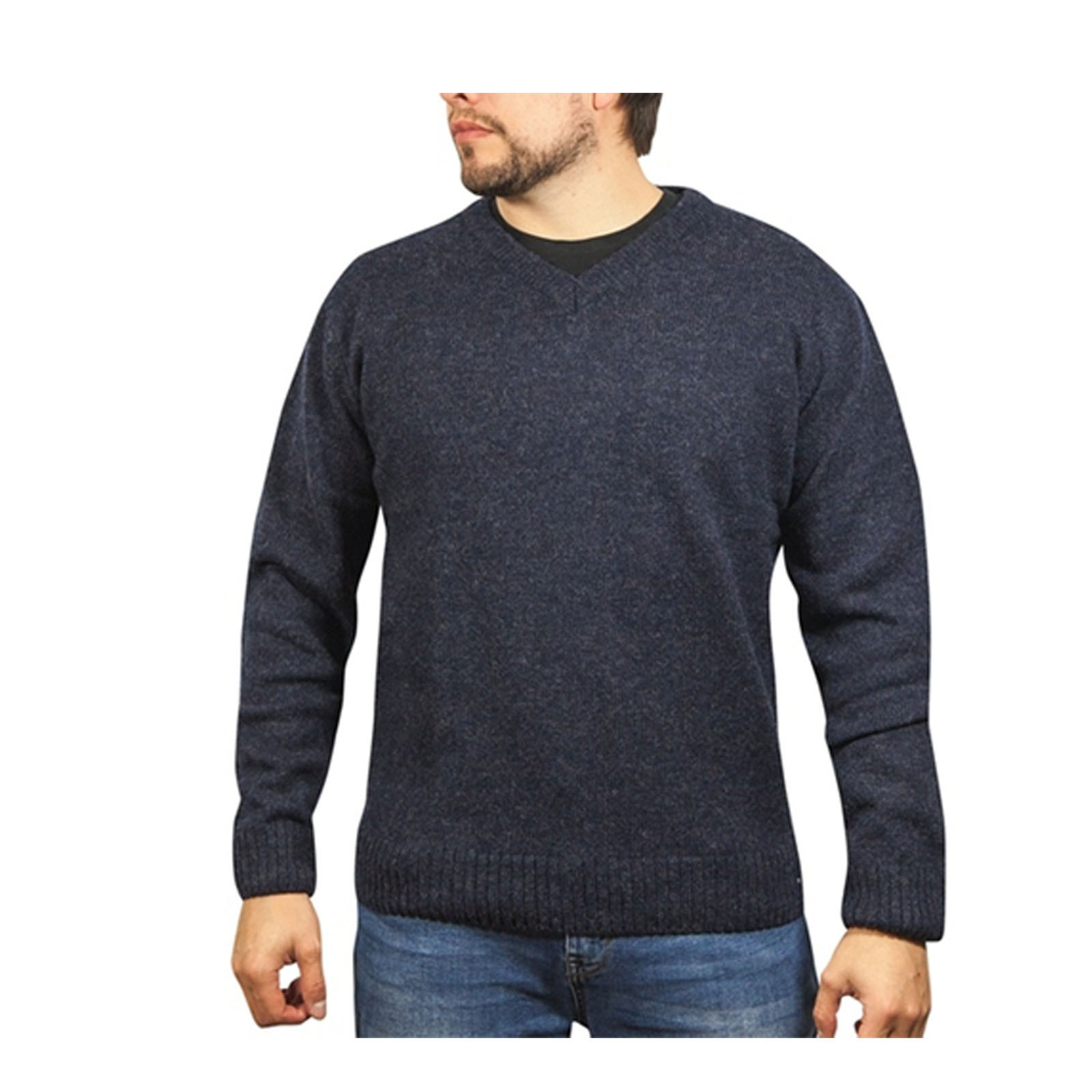 V563-SW-VN-NAVY45-6XL-202507251220-00 100% Shetland Ragg Wool V Neck Knit Jumper Pullover Mens Sweater Knitted - Navy - 6XL - Image 1