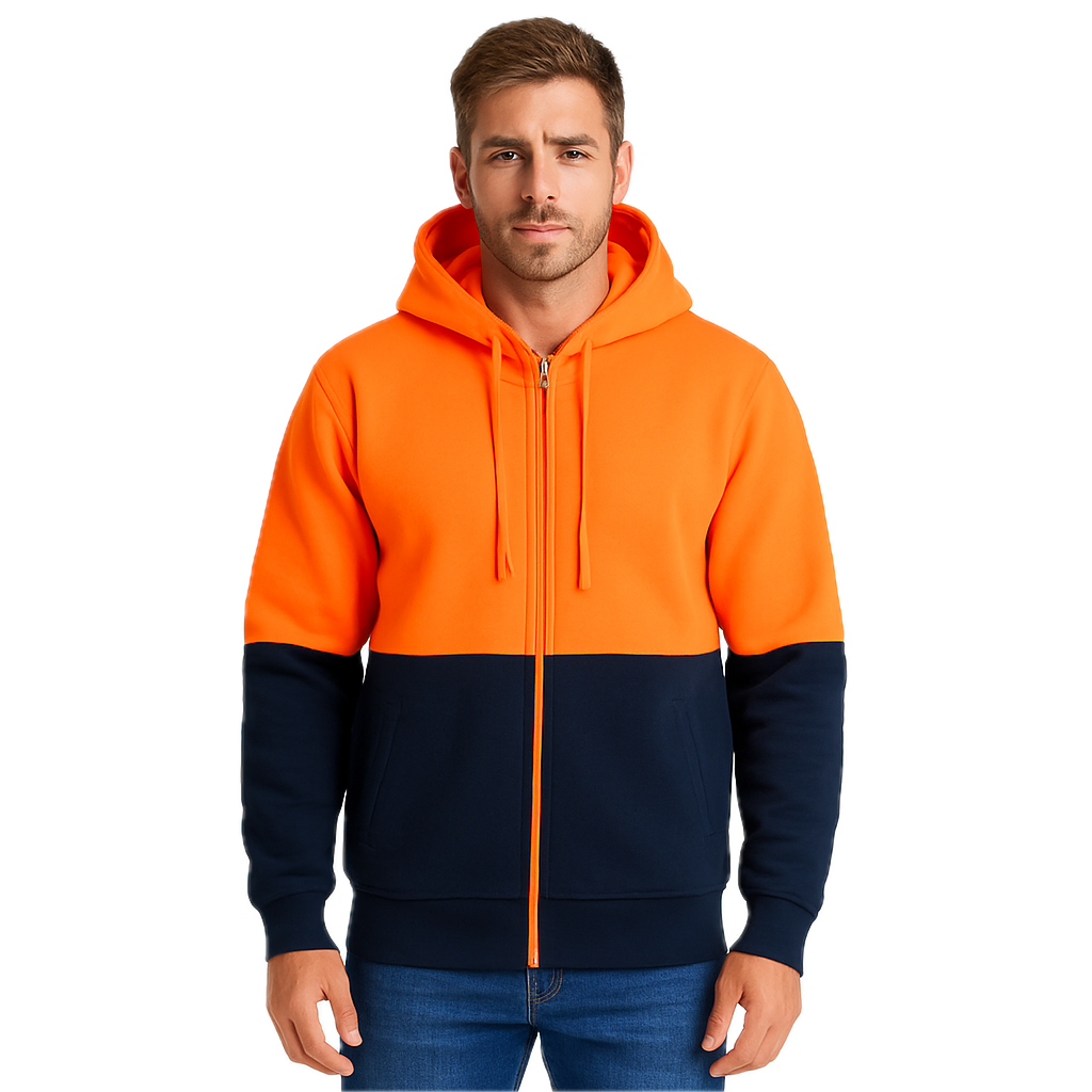 V563-UMW-9898-ORG_NVY-3XL-202507281323-00 HI VIS Jumper Full Zip Hoodie Safety Workwear Fleecy Fleece Jacket Hooded in Orange/Navy - 3XL - Image 1