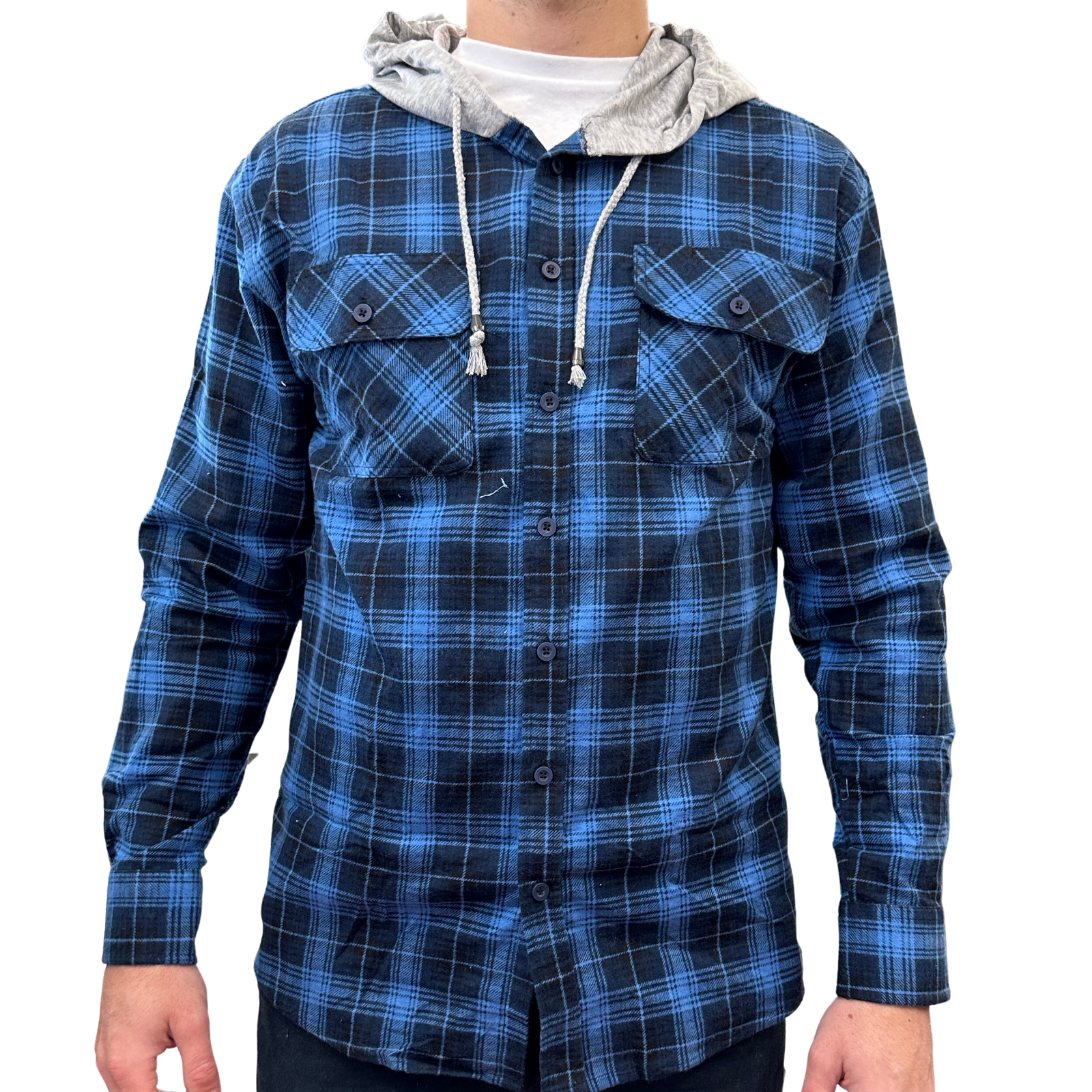 V563-WS47-48-S-202503051835-00 Mens Cotton Flannelette Shirt w Jersey Hood Long Sleeve Flannel - Blue - S - Image 1