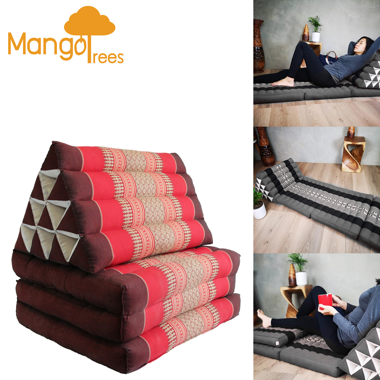 V574-TTP10RED-131650-00 Large Thai Triangle Pillow THREE FOLDS Red - Image 1