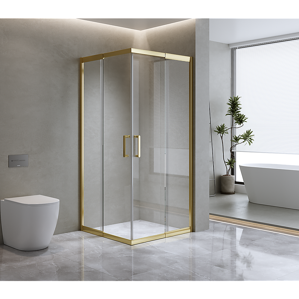 V63-845031-143360-00 Adjustable 1100x1000mm Double Sliding Door Glass Shower Screen in Gold - Image 1