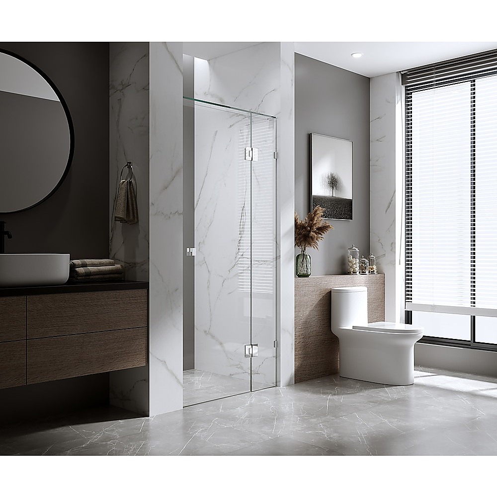 V63-857011-202507041915-00 90cm Wall to Wall Frameless Shower Screen with White Brackets and Brass Hinges, Round Knob Handle - Image 1