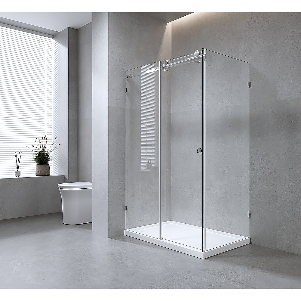 V63-913751-202507041553-00 130x100cm Frameless Glass Sliding Corner Shower with Black Rail and Hardware - Image 1