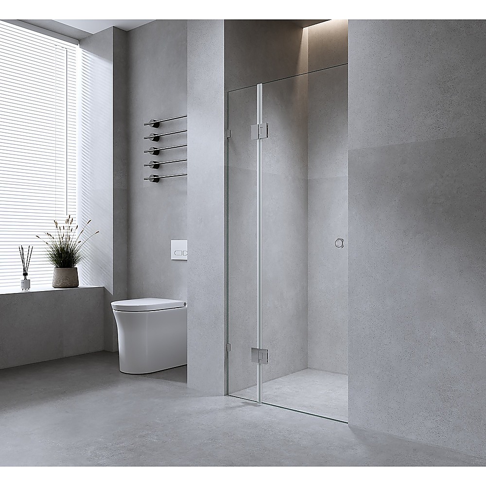 V63-938041-202507042046-00 90cm Wall to Wall Frameless Shower Screen with White Brackets and Brass Hinges - Wall F-Brackets - Image 1
