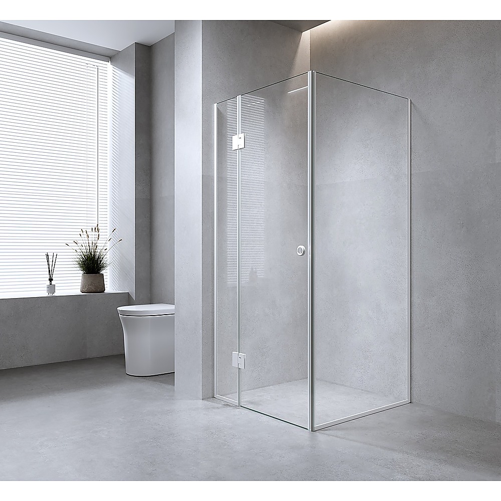 V63-941081-222855-00 120x90cm Corner Frameless Shower Screen with White Channel and SS Hinges - Image 1