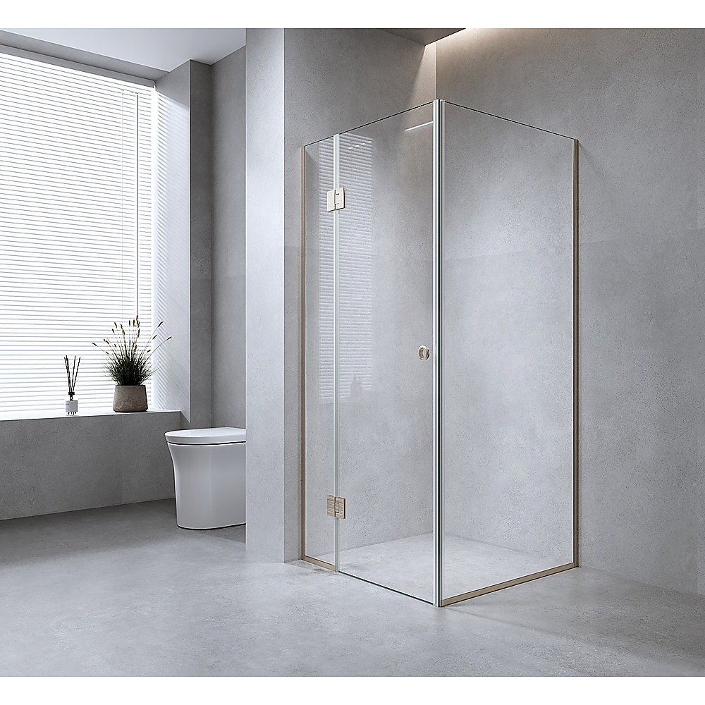 V63-947041-222494-00 120x80cm Corner Frameless Shower Screen with Chrome Channel and Brass Hinges - Image 1