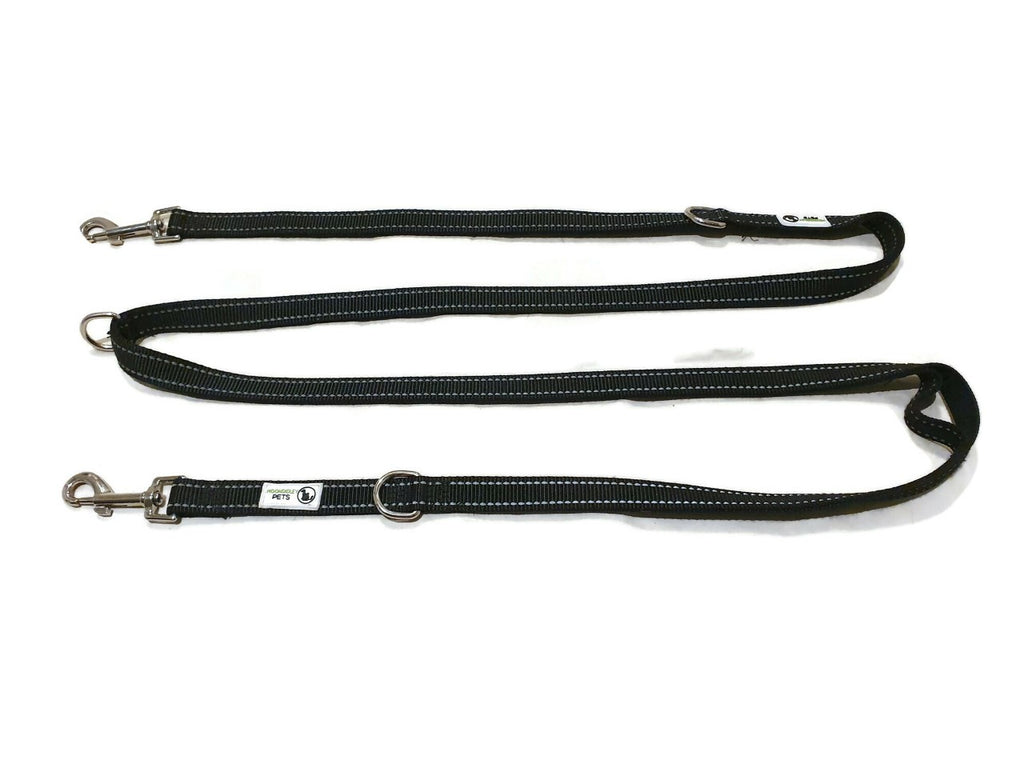 V631-MDPLDMUL20BLK-185915-00 Multi Dog Lead - Nylon w/Reflective Stitching - Double Clip ,Coupler, Waist Belt, Short/Long, Quicktie - Moondidley Pets 20mm Black - Image 1