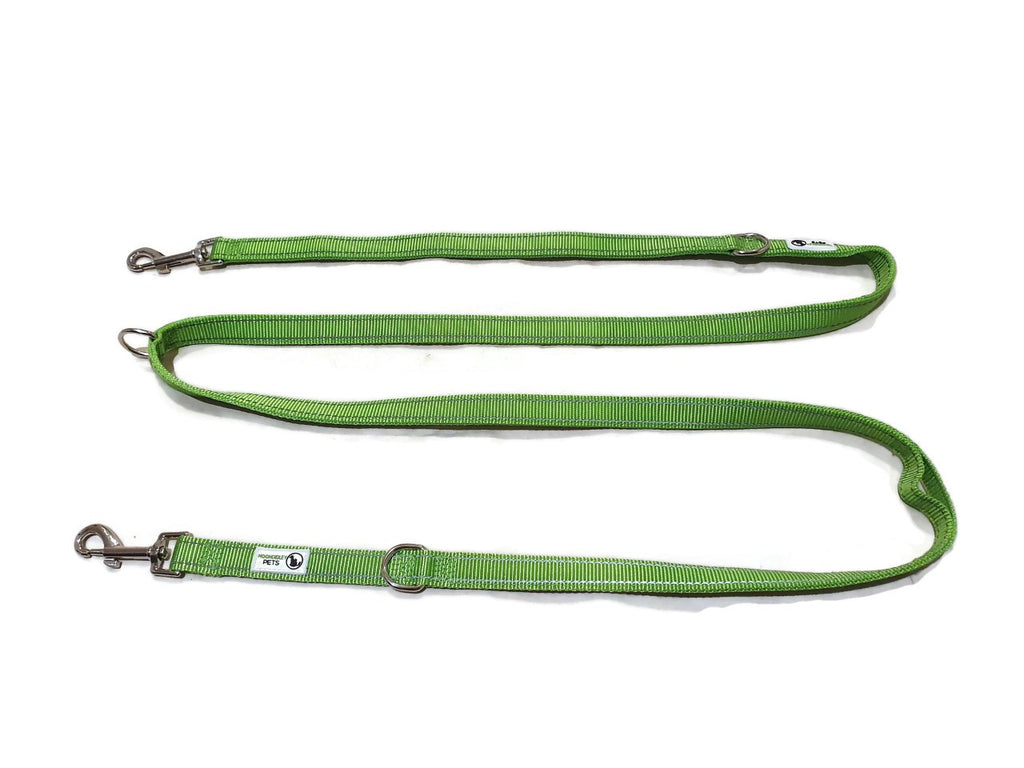 V631-MDPLDMUL20GRN-185918-00 Multi Dog Lead - Nylon w/Reflective Stitching - Double Clip ,Coupler, Waist Belt, Short/Long, Quicktie - Moondidley Pets 20mm Green - Image 1