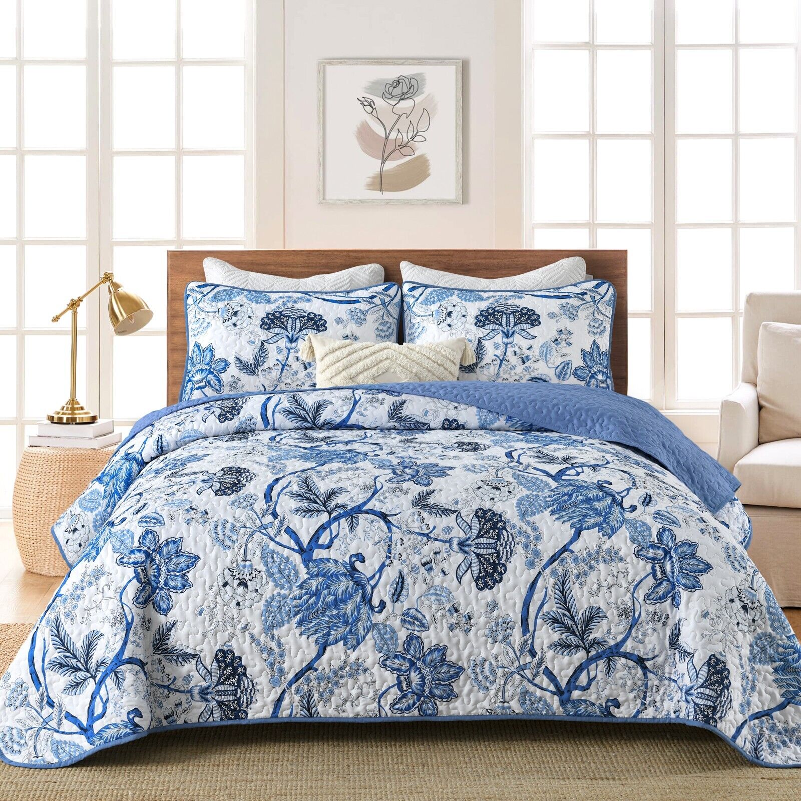 V745-AC080512Q13U-218216-00 Blossoming Peony Garden blue white 3 Pc Bedspread & Pillow Cover Set - Image 1