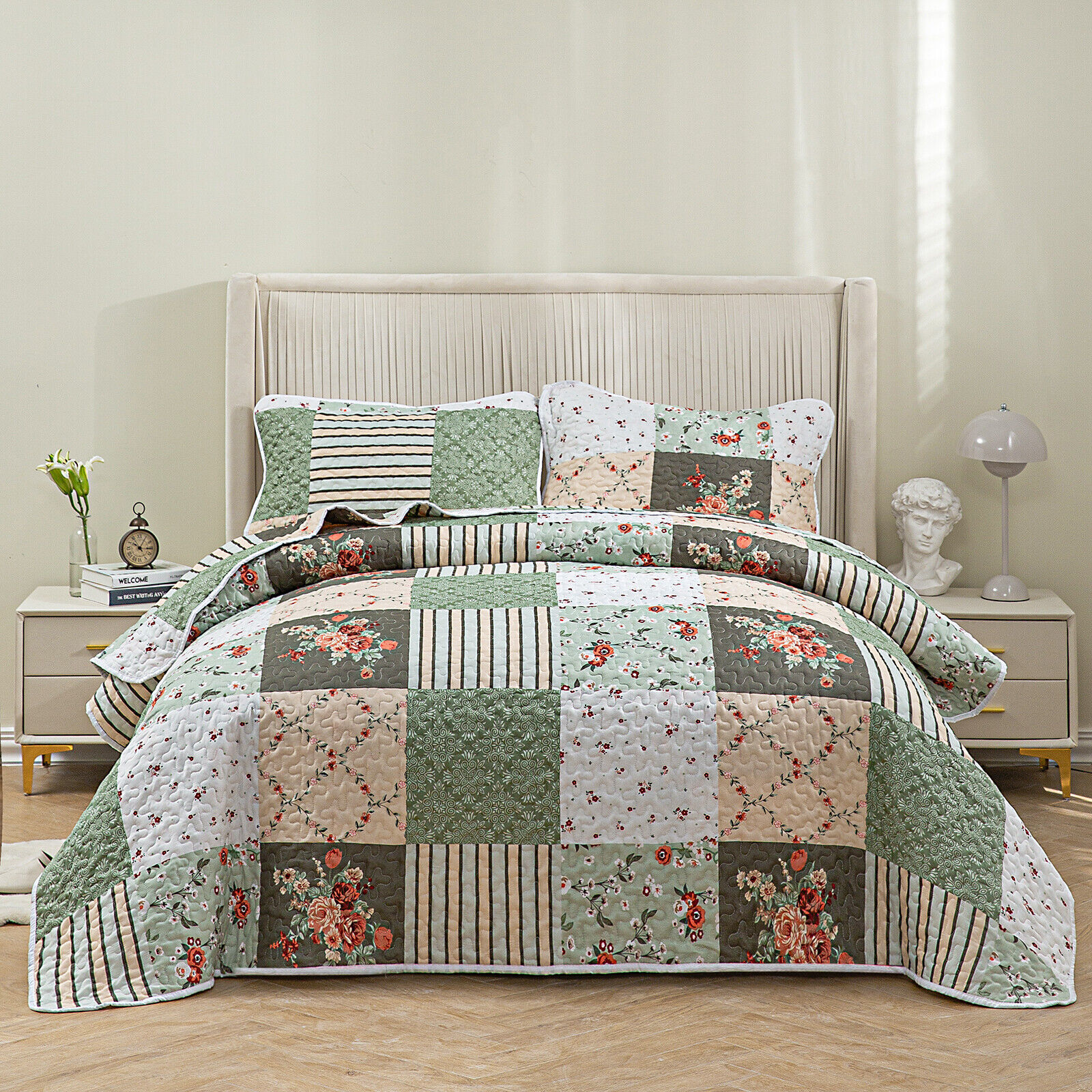 V745-AC090396Q13U-218232-00 Warm Cozy patchwork greem 3 Pc Bedspread & Pillow Cover Set - Image 1