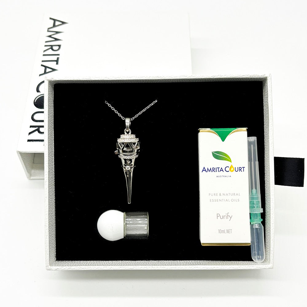 V760-GBAJ-22-195258-09 Gift Box - Cone White Gold Aroma Necklace + Purify Oil Blend - Image 1