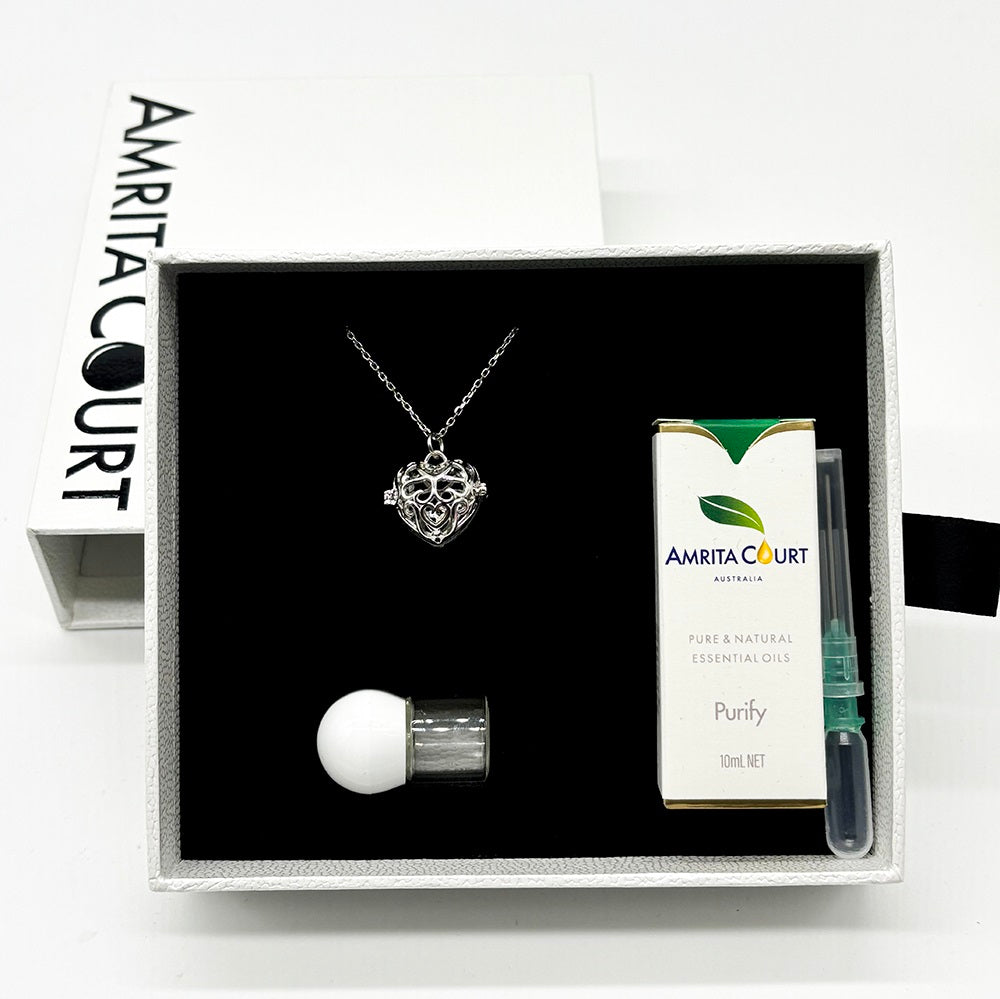 V760-GBAJ-40-195227-10 Gift Box - Love Heart White Gold Aroma Necklace + Purify Oil Blend - Image 1