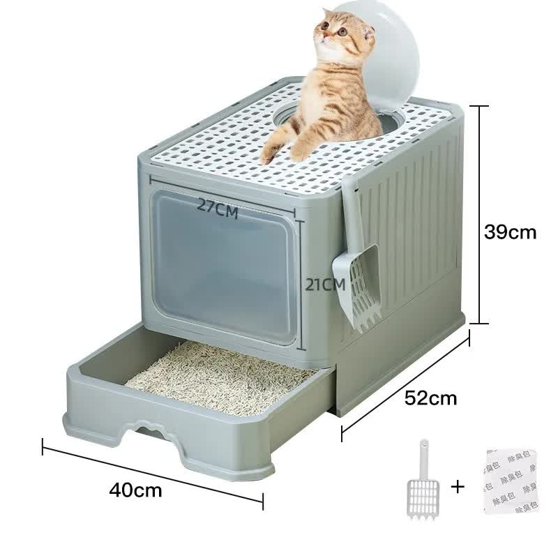 V888-ELOSUNG10174-204409-00 Top-Entry Cat Litter Box with Drawer - Enclosed Design, Easy Clean, Odor Control, Anti-Tracking Lid Grey - Image 1