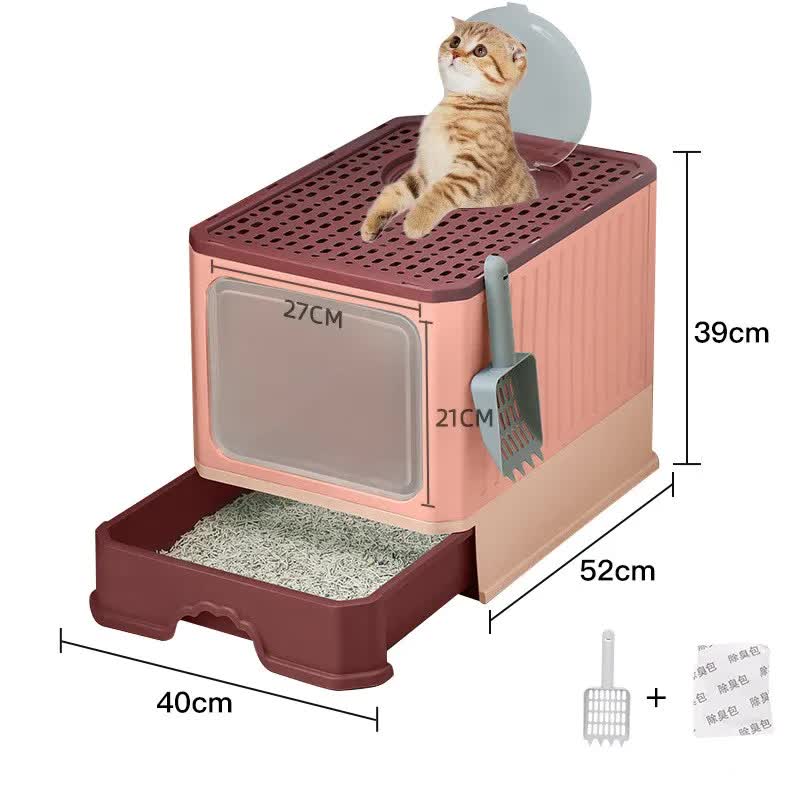 V888-ELOSUNG10175-204410-00 Top-Entry Cat Litter Box with Drawer-Enclosed Design, Easy Clean, Odor Control, Anti-Tracking Lid Pink - Image 1