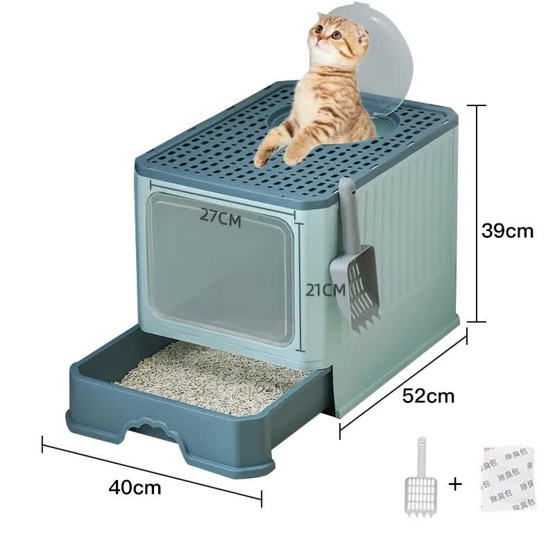 V888-ELOSUNG10201-204412-00 Top-Entry Cat Litter Box with Drawer-Enclosed Design, Easy Clean, Odor Control, Anti-Tracking Lid Green - Image 1