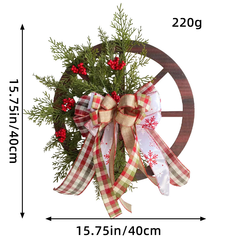 V888-ELOSUNG10537-205556-00 Decorative Wooden Wagon Wheel Wreath with Seasonal Flowers and Bows - Christmas Decorative Door Hanging 40CM - Image 1