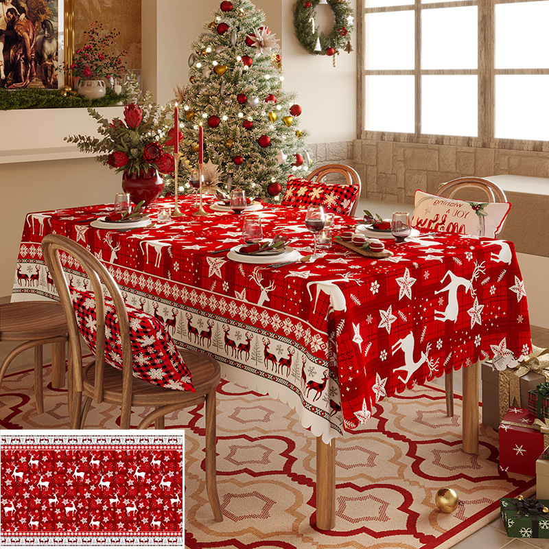 V888-ELOSUNG10771-205585-00 Christmas Reindeer Pattern Tablecloth - Festive Red Holiday Table Cover for Dining and Home Decor 140*140cm - Image 1