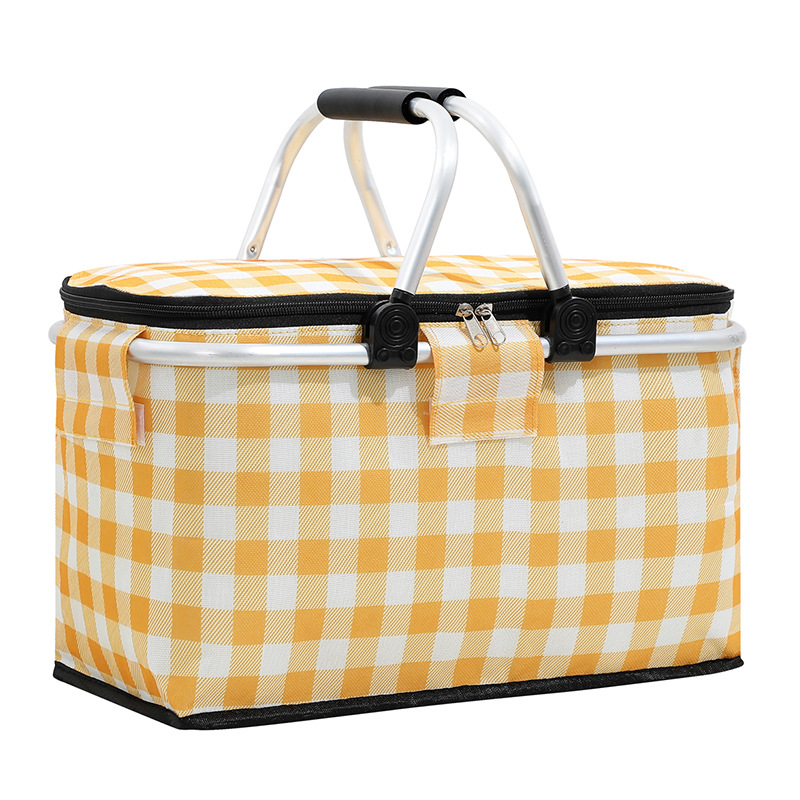 V888-ELOSUNG10791-205944-00 Insulated Picnic Basket with Aluminum Frame - Portable Collapsible Cooler Bag 18L 40*20*23cm(Yellow plaid) - Image 1