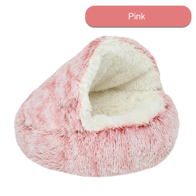 V888-ELOSUNG11042-206424-00 Cozy Pink Plush Hooded Pet Bed - Ultra Soft Long Fur Cave Bed for Small Pets 50cm - Image 1