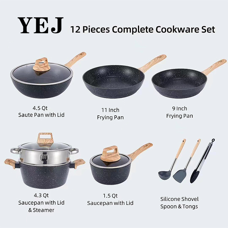 V888-ELOSUNG11063-206443-00 YEJ 12-Piece Non-Stick Complete Cookware Set | Pots, Pans & Utensils (Black) - Image 1